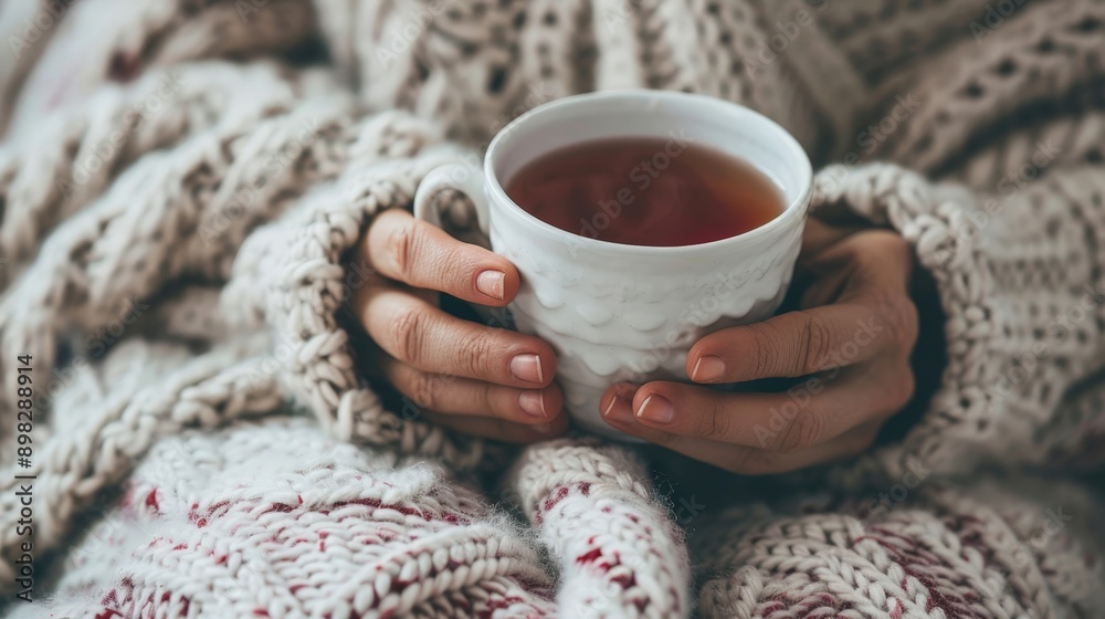 A person sipping tea while wrapped in a cozy blanket A person sipping tea while wrapped in a cozy blanket