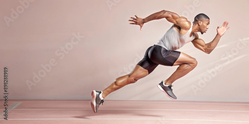 A close-up of an athlete sprinting on a track, showcasing muscular strength and determination. The dynamic pose captures the intensity of the sprint
