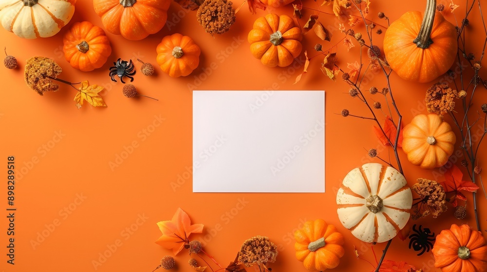 Fototapeta premium Blank white card surrounded by pumpkins, bats, and spiders on an orange background, with space for text