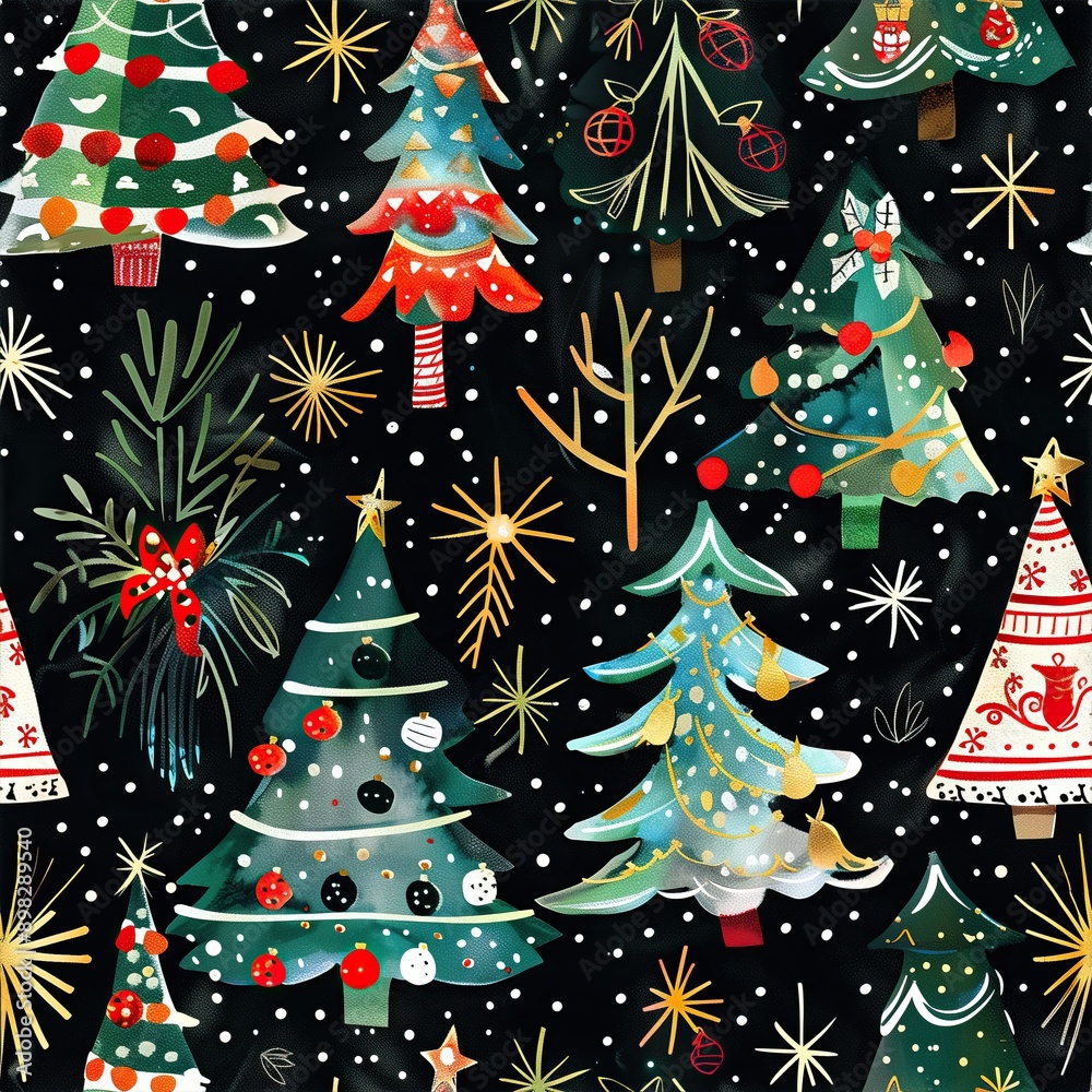 Seamless illustration of Christmas trees and other Christmas decorations - on a black background Seamless illustration of Christmas trees and other Christmas decorations - on a black background