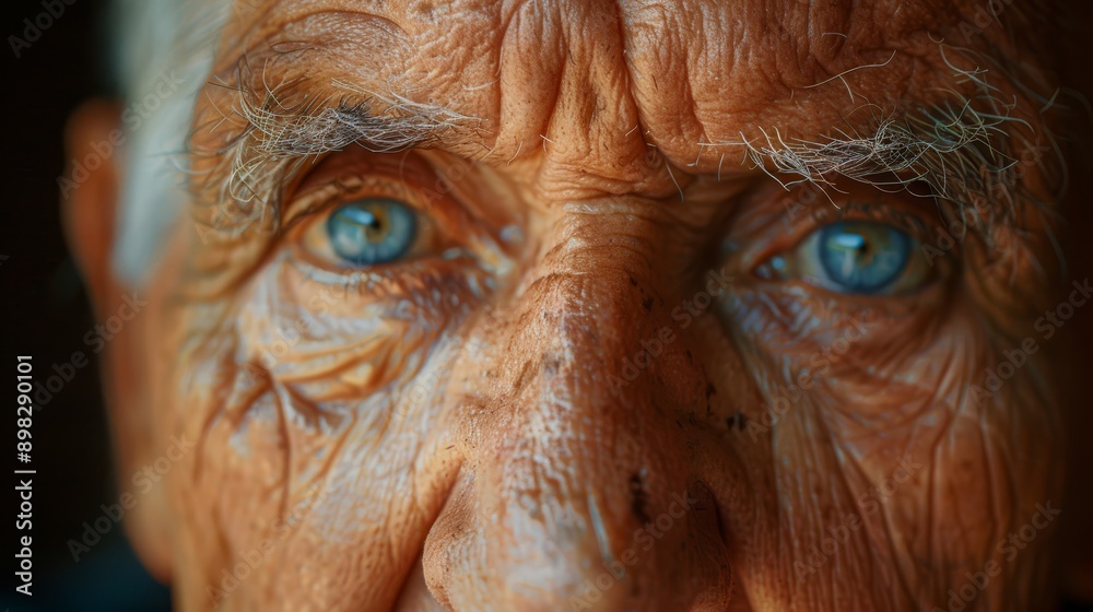 A tight shot of a person's face, displaying blue eyes and creases in the upper region A tight shot of a person's face, displaying blue eyes and creases in the upper region