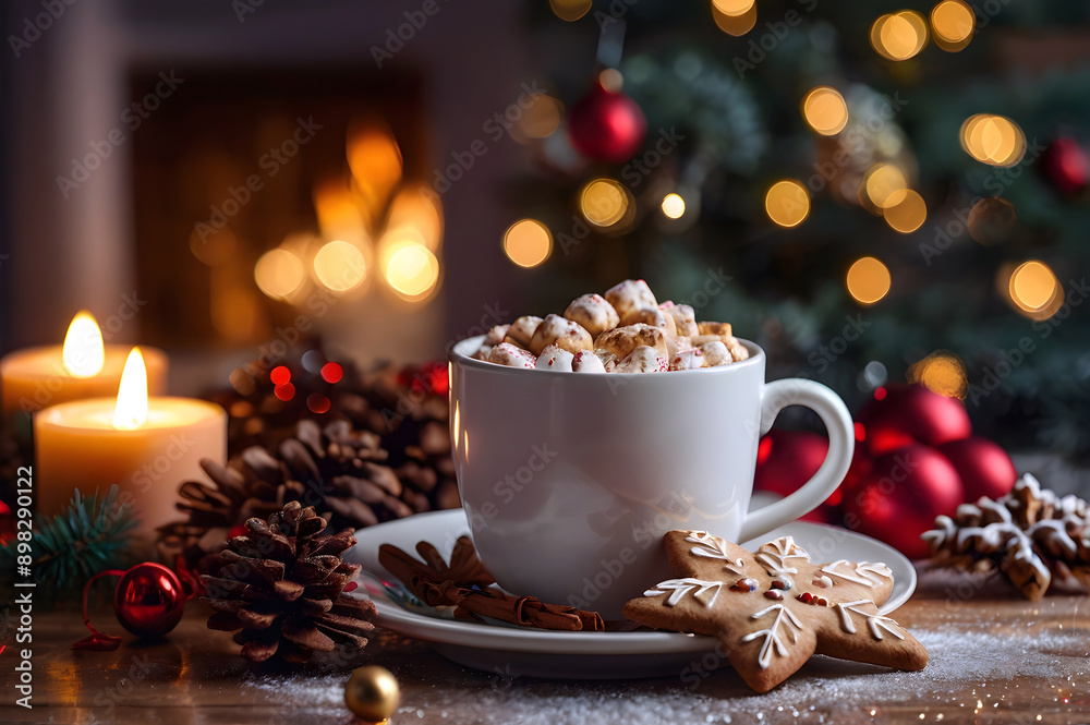 Hot chocolate, cacao with marshmallows or cream with christmas cookies, candle, christmas tree on the background. Festive, magic new year background, cosy winter holidys, greeting postcard. Hot chocolate, cacao with marshmallows or cream with christmas cookies, candle, christmas tree on the background. Festive, magic new year background, cosy winter holidys, greeting postcard.