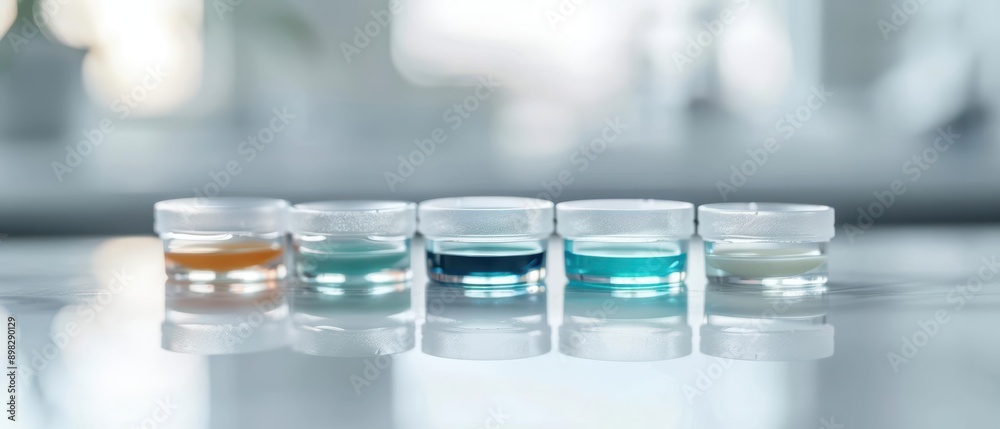 Closeup of six clear beakers with colorful liquids. Closeup of six clear beakers with colorful liquids.