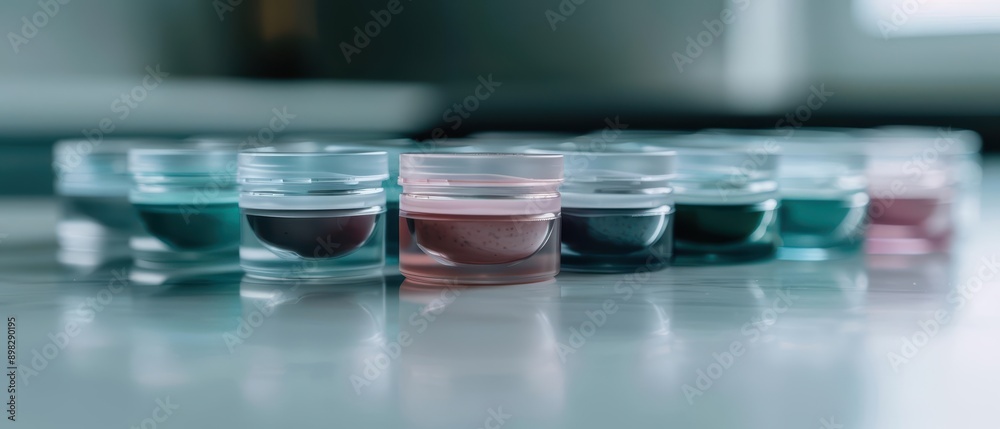 Close up of colorful liquid in glass jars on white surface. Close up of colorful liquid in glass jars on white surface.