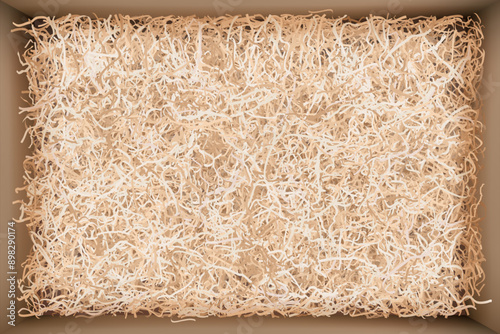 Top view of gift box with beige filler. Cardboard package filled with craft wrapping shredded paper for careful delivery of goods and fragile valuable presents. Vector illustration