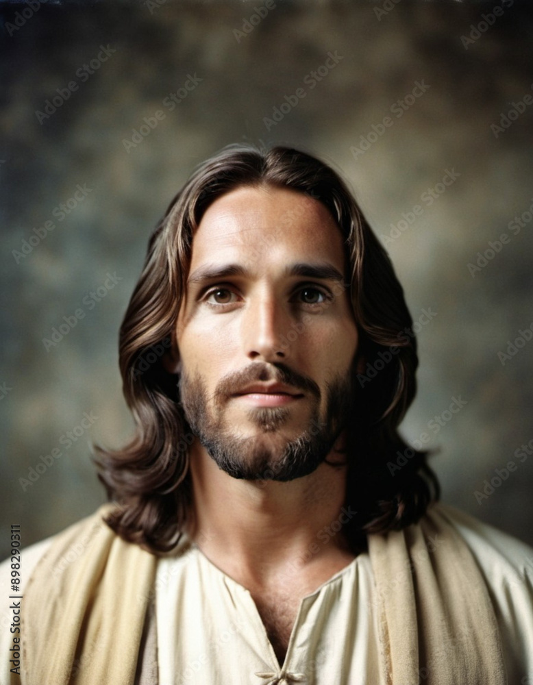 Fototapeta premium Portrait of a Man Dressed as Jesus. White robe. Long brown hair and beard. Man appears to be in his early 30s, and he has a serious expression on his face. Christian religion and faith. AI