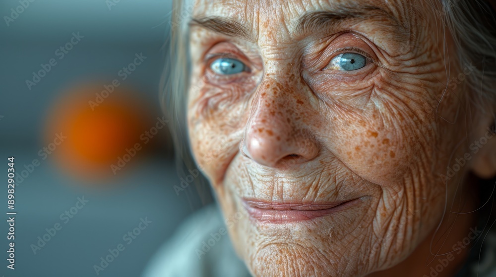  A woman's face, sharply focused with freckles scattered across it Background softly blurred