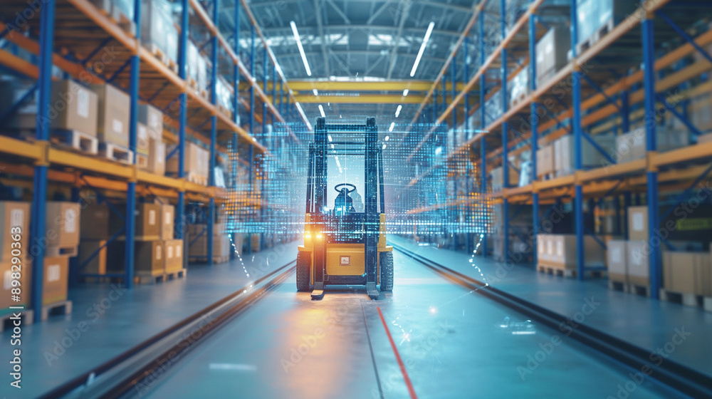 High-tech forklift with artificial intelligence capabilities organizing inventory in a well-lit warehouse, representing the future of industrial logistics High-tech forklift with artificial intelligence capabilities organizing inventory in a well-lit warehouse, representing the future of industrial logistics
