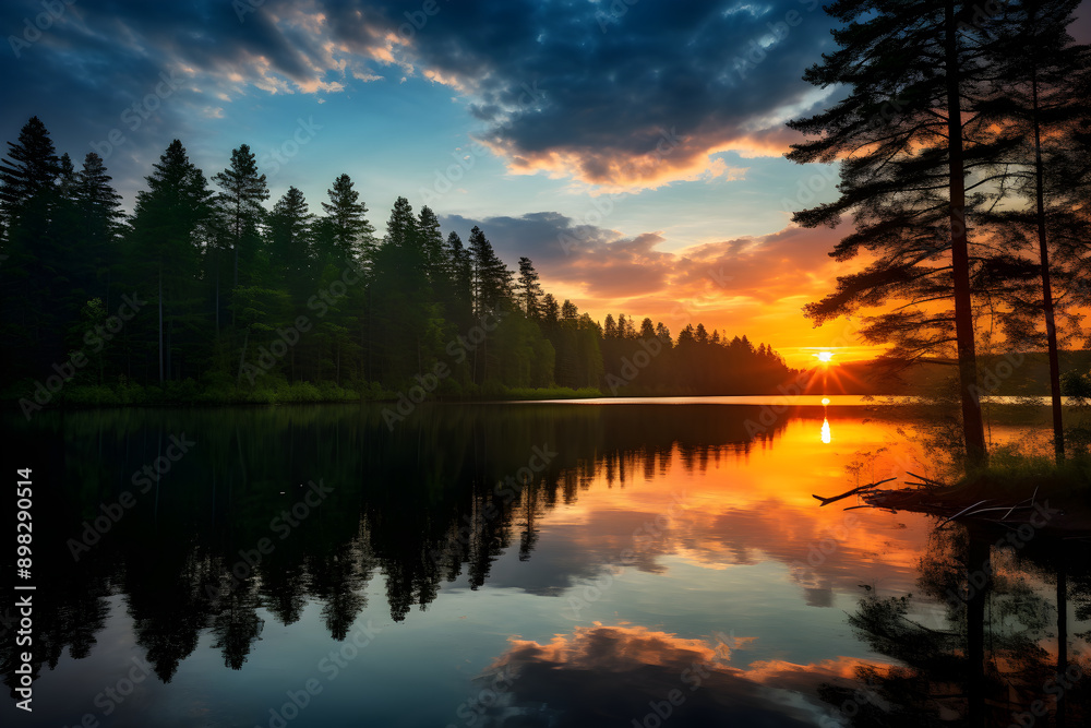 Symbiosis: The Harmonious Relationship Between Forest, Lake, and Sky at Sunset Symbiosis: The Harmonious Relationship Between Forest, Lake, and Sky at Sunset