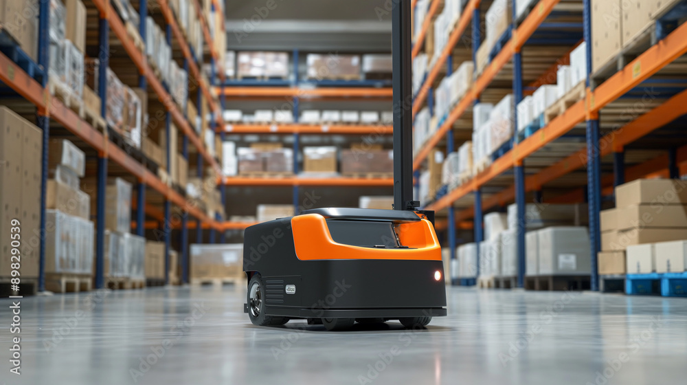 Autonomous forklift using artificial intelligence to store pallets in a modern warehouse, showcasing the integration of robotics in logistics Autonomous forklift using artificial intelligence to store pallets in a modern warehouse, showcasing the integration of robotics in logistics