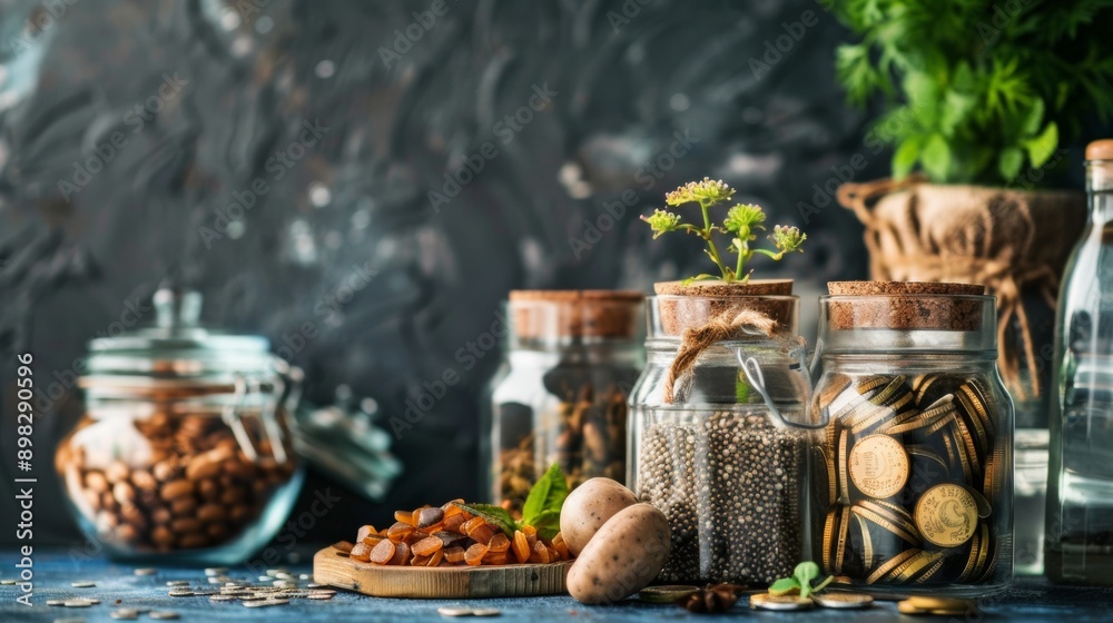 Fototapeta premium Jars with seeds, nuts, and coins on a rustic table
