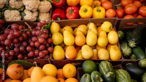 A vibrant display of fresh fruits and vegetables at a local market, showcasing their natural colors and textures