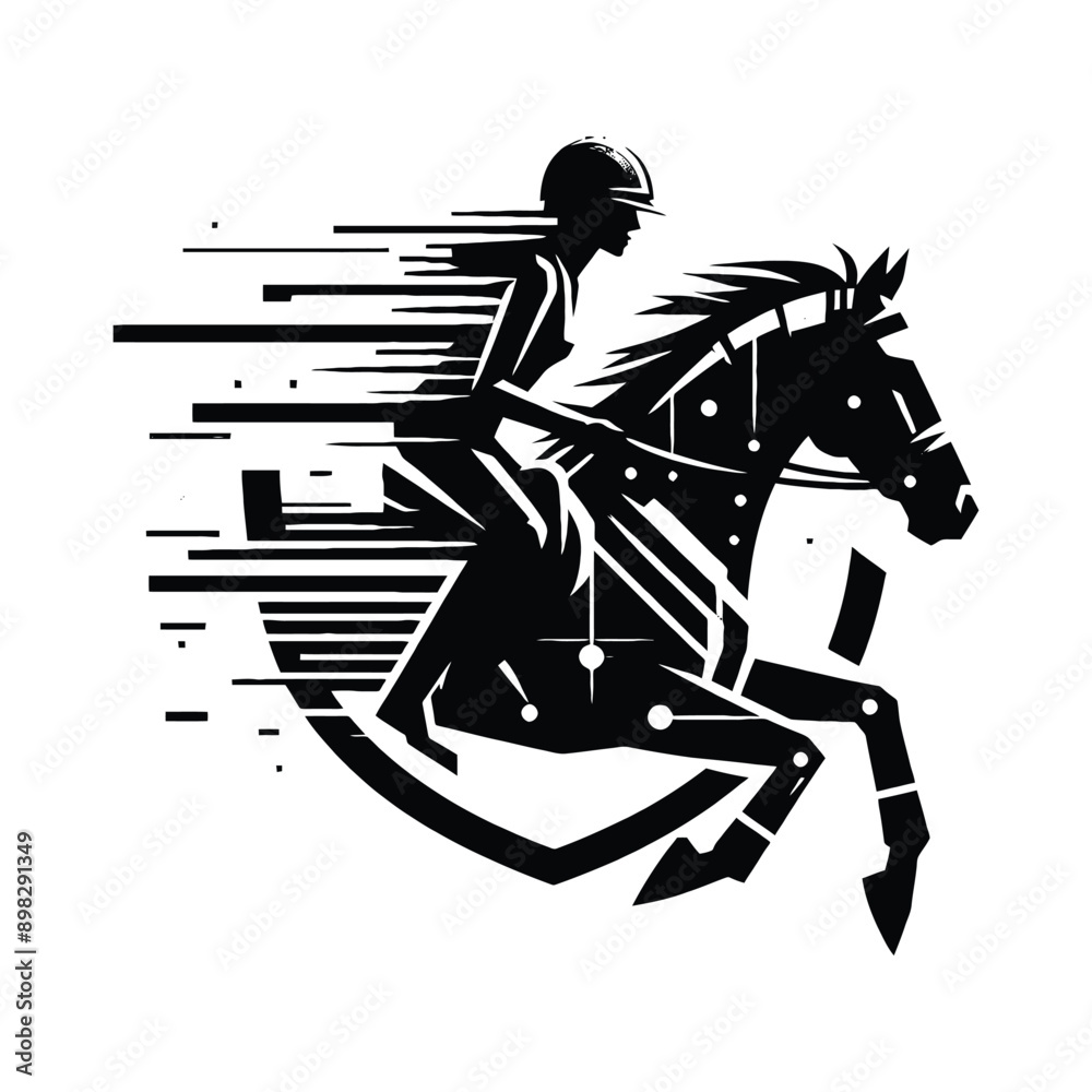 Equestrian, horse riding female player in cyberpunk pattern illustration, emblem shield badge Equestrian, horse riding female player in cyberpunk pattern illustration, emblem shield badge