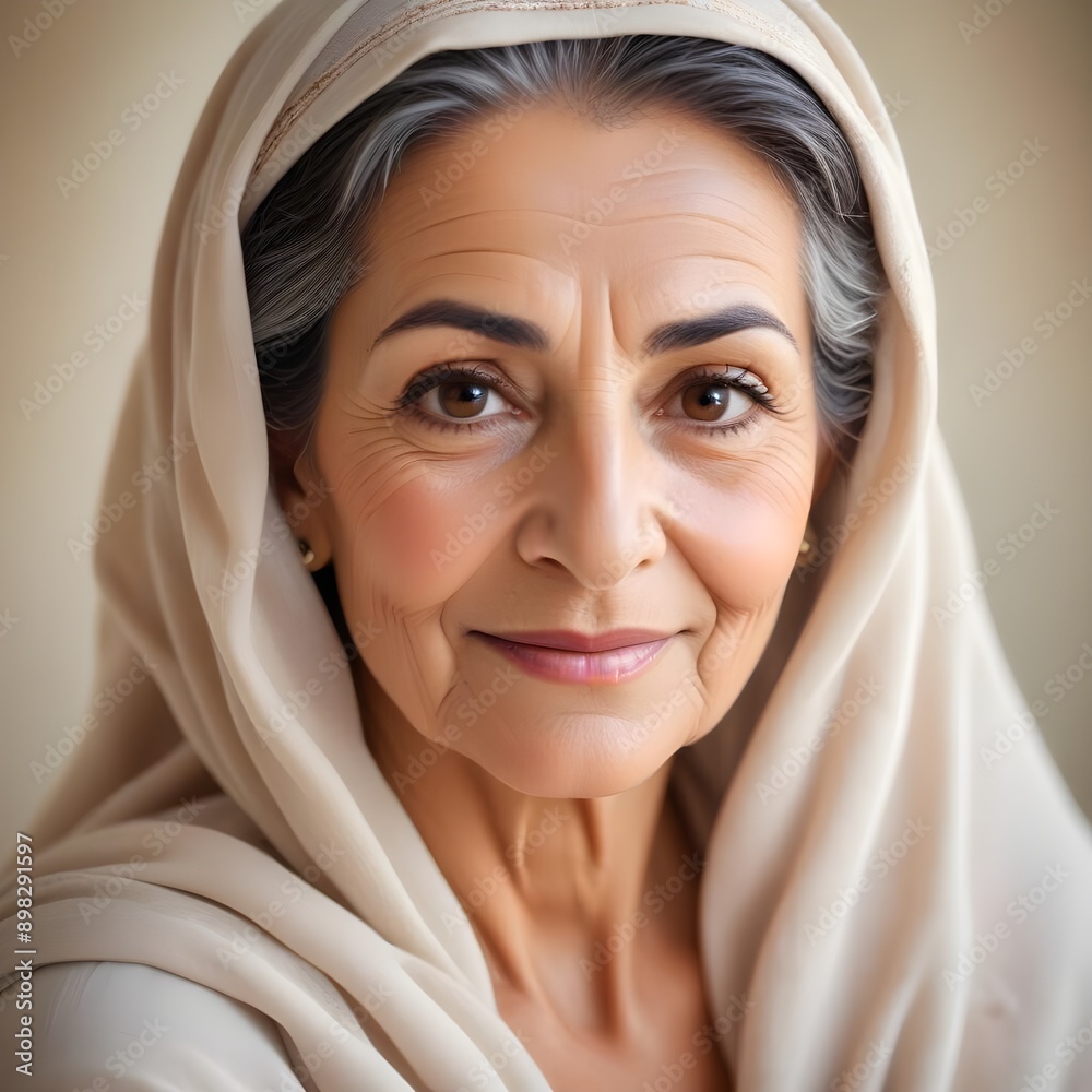A 70-year-old Middle Eastern woman with a glowing, healthy-looking complexion, featuring a smooth, even skin tone and a content, peaceful expression reflecting the effects of a recent beauty treatment A 70-year-old Middle Eastern woman with a glowing, healthy-looking complexion, featuring a smooth, even skin tone and a content, peaceful expression reflecting the effects of a recent beauty treatment