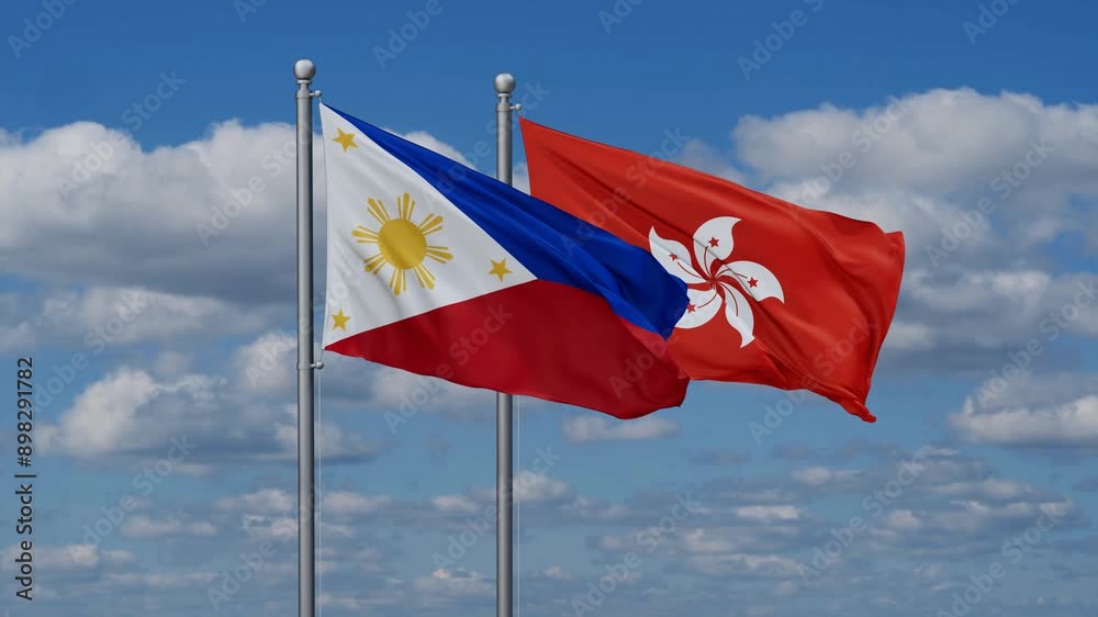 Hong Kong and Philippines flags flying together, video concept of the relationship, two country relations concept Hong Kong and Philippines flags flying together, video concept of the relationship, two country relations concept