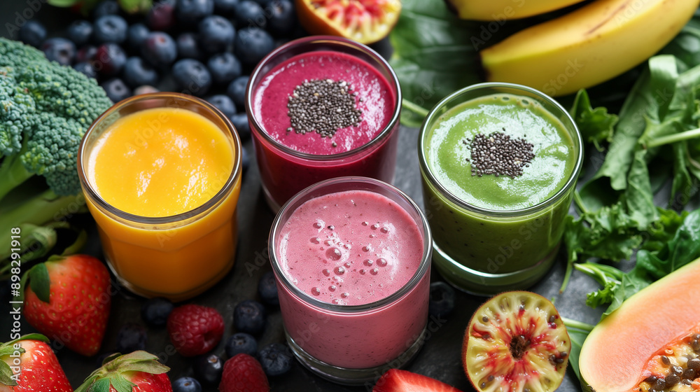 A colorful array of smoothie ingredients, including fresh fruits and leafy greens A colorful array of smoothie ingredients, including fresh fruits and leafy greens