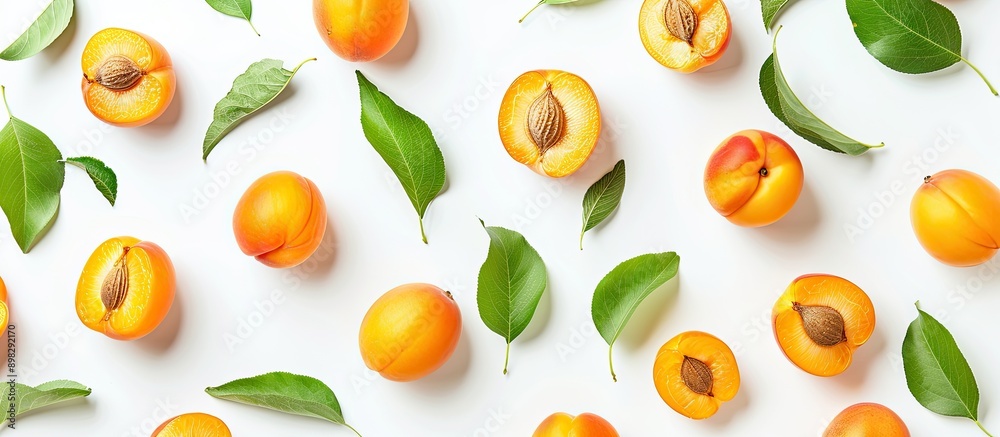 Apricot fruits with leaves isolated on a white background providing ample copy space in a top down flat lay pattern Apricot fruits with leaves isolated on a white background providing ample copy space in a top down flat lay pattern