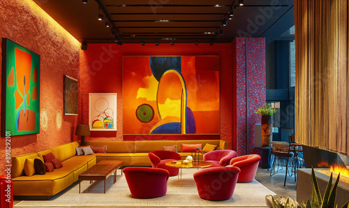 Modern vibrant lounge area with abstract art and colorful furniture creating a lively atmosphere photo