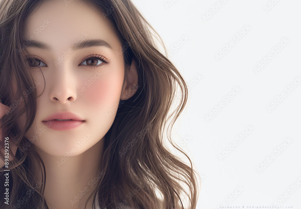 portrait of a woman lady asian japanese korean chinese model, closeup face with smile smiling expression, her hand is touching her head, perfect skin beauty poster portrait of a woman lady asian japanese korean chinese model, closeup face with smile smiling expression, her hand is touching her head, perfect skin beauty poster