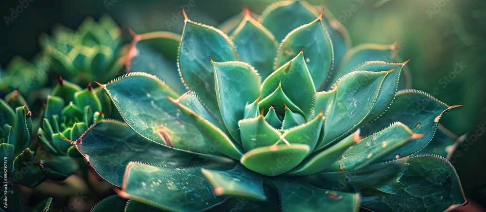 Fototapeta premium Close up view of a green cactus plant background with copy space image for text placement captured from top and side angles showcasing a succulent ornamental plant