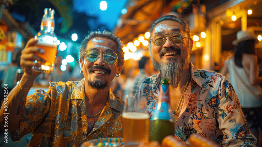 Two older men enjoying a night out with beers, dressed in vibrant shirts, exuding joy and camaraderie at a street market Two older men enjoying a night out with beers, dressed in vibrant shirts, exuding joy and camaraderie at a street market