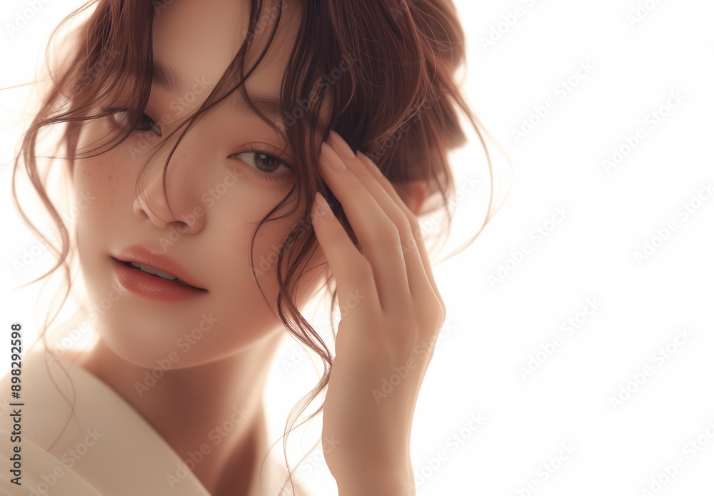 portrait of a woman lady asian japanese korean chinese model, closeup face with smile smiling expression, her hand is touching her head, perfect skin beauty poster portrait of a woman lady asian japanese korean chinese model, closeup face with smile smiling expression, her hand is touching her head, perfect skin beauty poster
