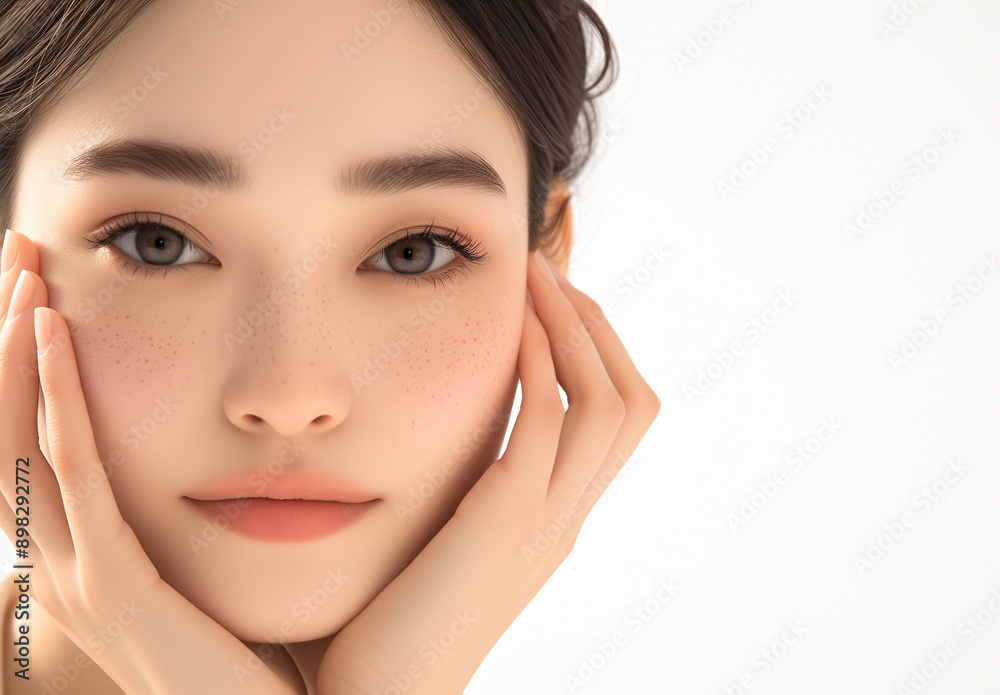 portrait of a woman lady asian japanese korean chinese model, closeup face with smile smiling expression, her hand is touching her head, perfect skin beauty poster portrait of a woman lady asian japanese korean chinese model, closeup face with smile smiling expression, her hand is touching her head, perfect skin beauty poster