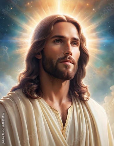 Wallpaper Mural Portrait of a Man Dressed as Jesus. White robe. Long brown hair and beard. Man appears to be in his early 30s, and he has a serious expression on his face. Christian religion and faith. AI Torontodigital.ca