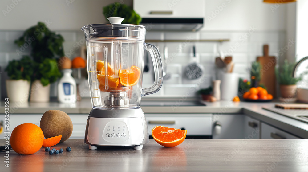 A compact and elegant multi-functional blender with various settings, ready for use on a kitchen island A compact and elegant multi-functional blender with various settings, ready for use on a kitchen island