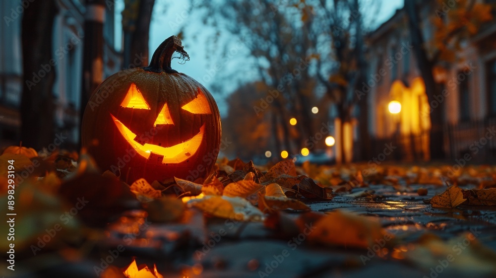 Glowing jack-o'-lantern on a wet autumn street with fallen leaves Glowing jack-o'-lantern on a wet autumn street with fallen leaves