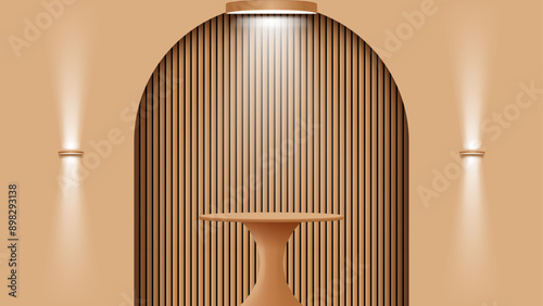 3d wooden podium background with light