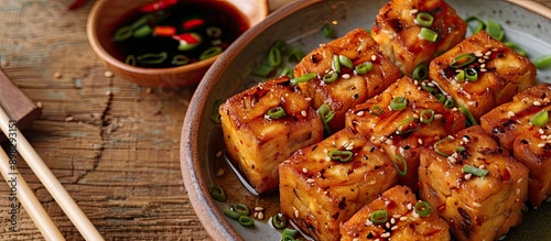 Wallpaper Mural Close up shot of appetizing Chinese radish cake served with soy sauce and chopsticks in a restaurant setting with ample copy space image Torontodigital.ca