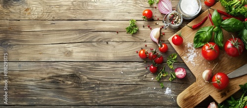 Top down view of a cutting board with salad ingredients featuring a copy space image for text placement