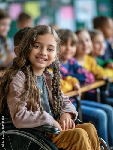 A young girl in a wheelchair is seated in a classroom, surrounded by educational materials and desks