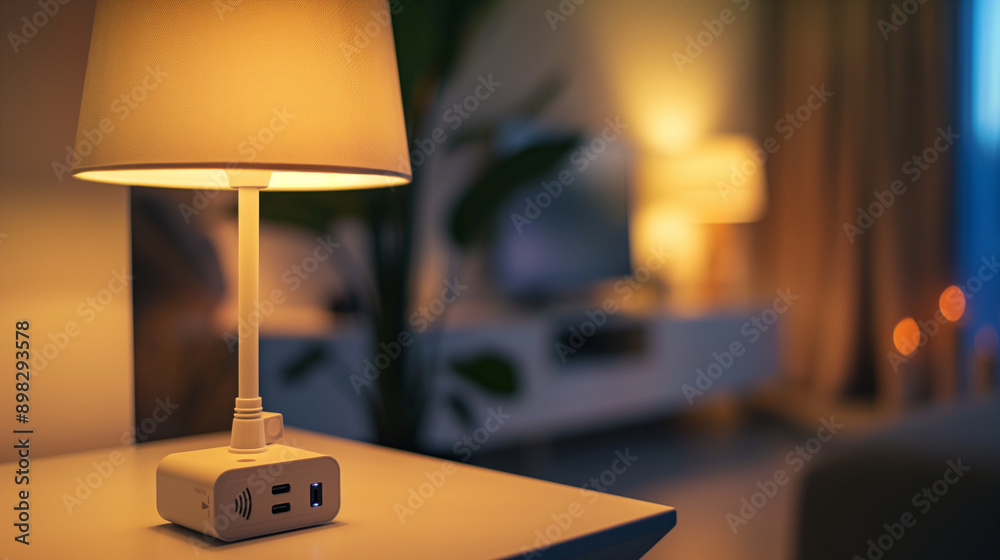 A high-tech smart plug controlling a lamp, part of a connected home ecosystem A high-tech smart plug controlling a lamp, part of a connected home ecosystem