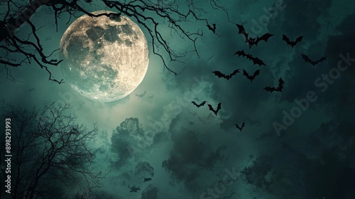 Silhouetted bats flying against a full moon in a dark, misty forest photo