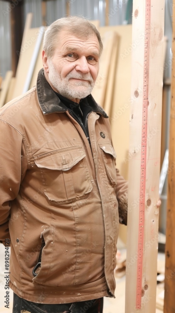 Elderly Craftsman Measuring Wood in Workshop with Red Ruler Elderly Craftsman Measuring Wood in Workshop with Red Ruler