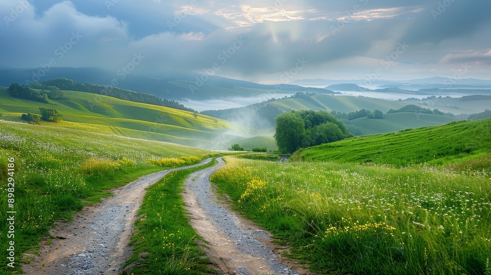 A dirt path through a verdant meadow, bordered by mountains in the distance, and dotted with clouds in the sky A dirt path through a verdant meadow, bordered by mountains in the distance, and dotted with clouds in the sky