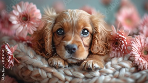Two Puppies in Field of Flowers