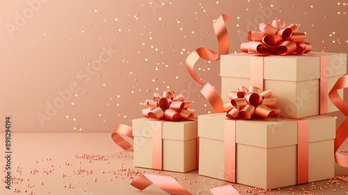 Elegant and Festive Gift Boxes with Shiny Bows and Glitter photo