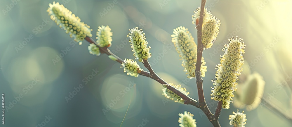 Close up image of the first catkins against a spring background with copy space Close up image of the first catkins against a spring background with copy space