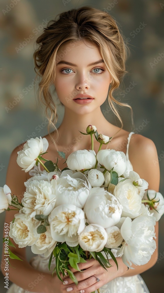 Naklejka premium Woman Holding a Bouquet of White Flowers