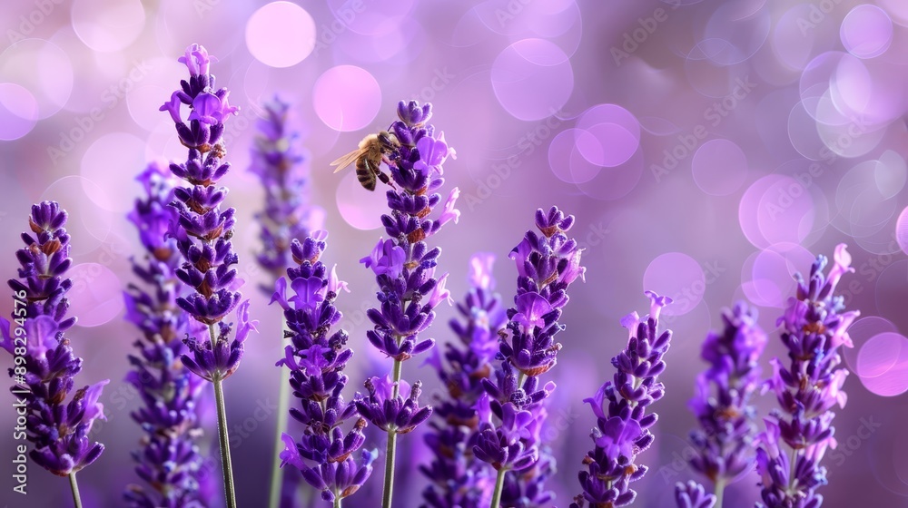 A tight shot of multiple purple blooms, a bee perched atop one flower, foregrounded; background softly out of focus A tight shot of multiple purple blooms, a bee perched atop one flower, foregrounded; background softly out of focus