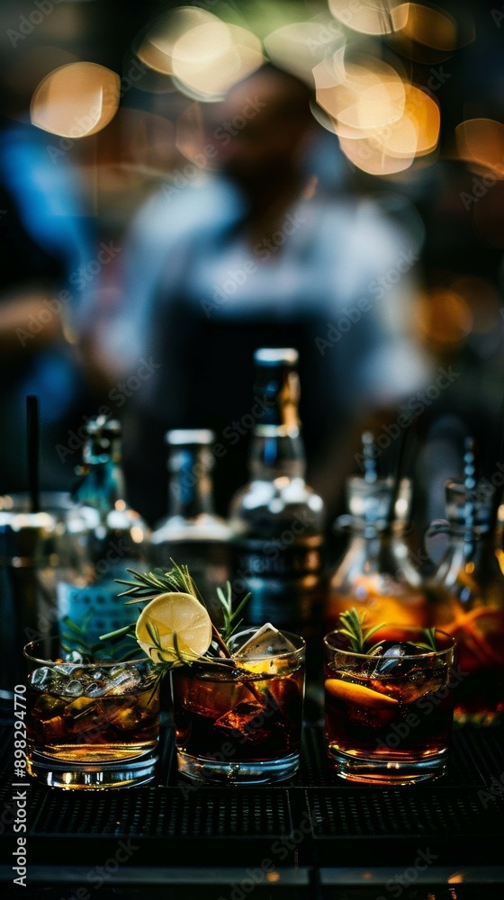Elegant Cocktail Bar Setting with a Variety of Drinks and a Blur Background