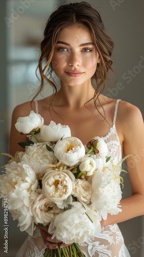 Woman Holding a Bouquet of White Flowers