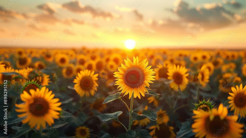 Fototapeta premium A sunset scene with a vast sunflower field, sun sinking low, and clouds in the foreground
