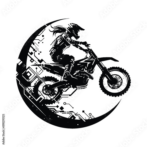 Motocross  female player in cyberpunk pattern illustration, emblem shield badge