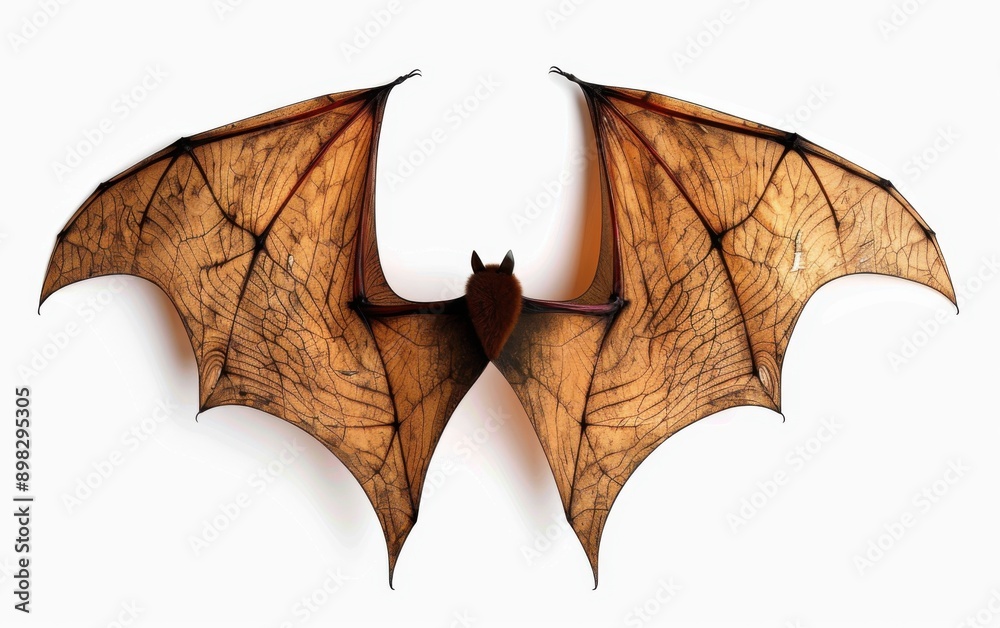 Fototapeta premium A detailed image of a bat with its wings fully spread, showcasing intricate vein patterns. The background is white, emphasizing the bat's form.
