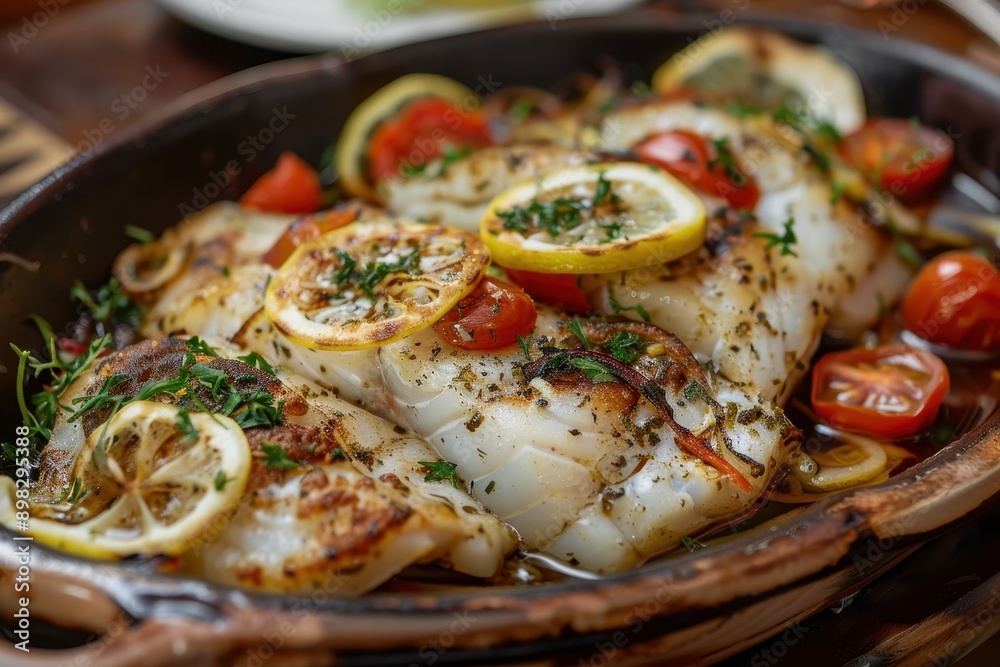 A dish of psari plaki, baked fish fillets with tomatoes, onions, and herbs, garnished with lemon slices. A dish of psari plaki, baked fish fillets with tomatoes, onions, and herbs, garnished with lemon slices.