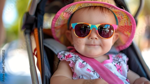 Baby Wearing Sunglasses and Hat Sitting in Chair